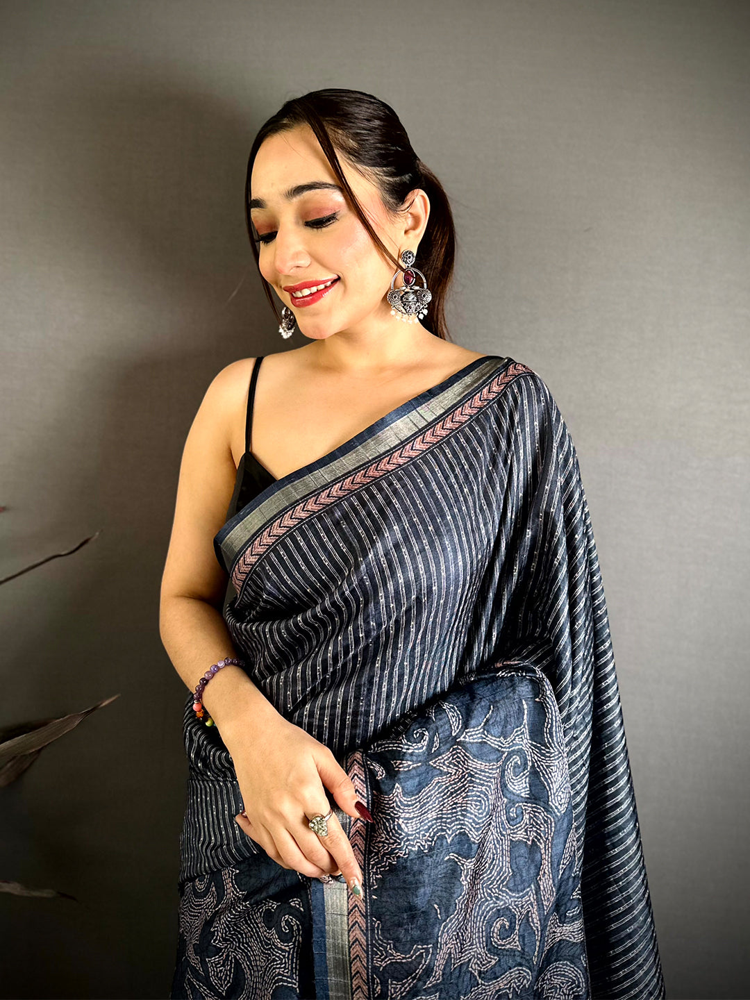 Indigo Blue Digital Katha Work Saree