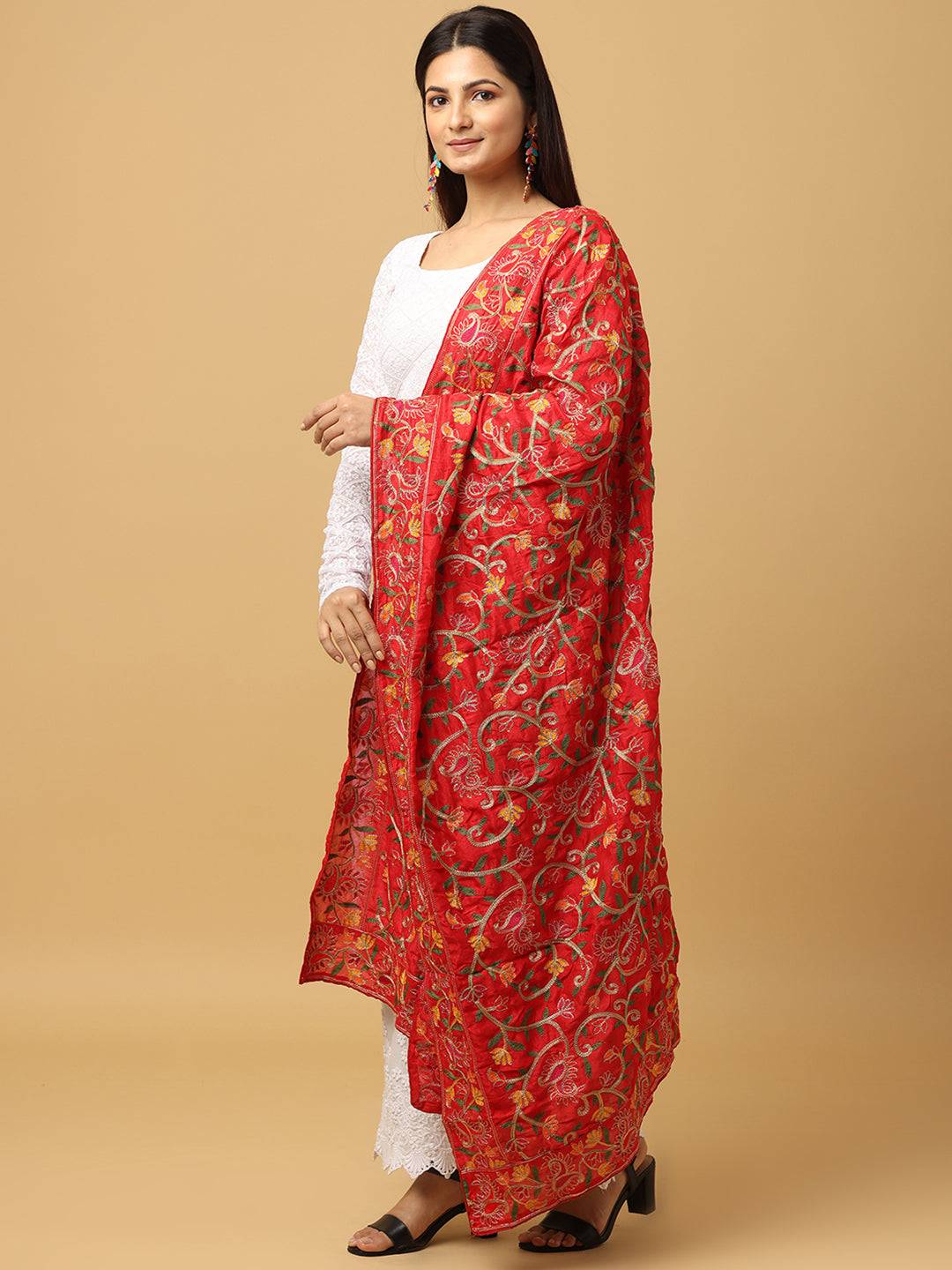 Elegant red poly chiffon pashmina dupatta with intricate designs.