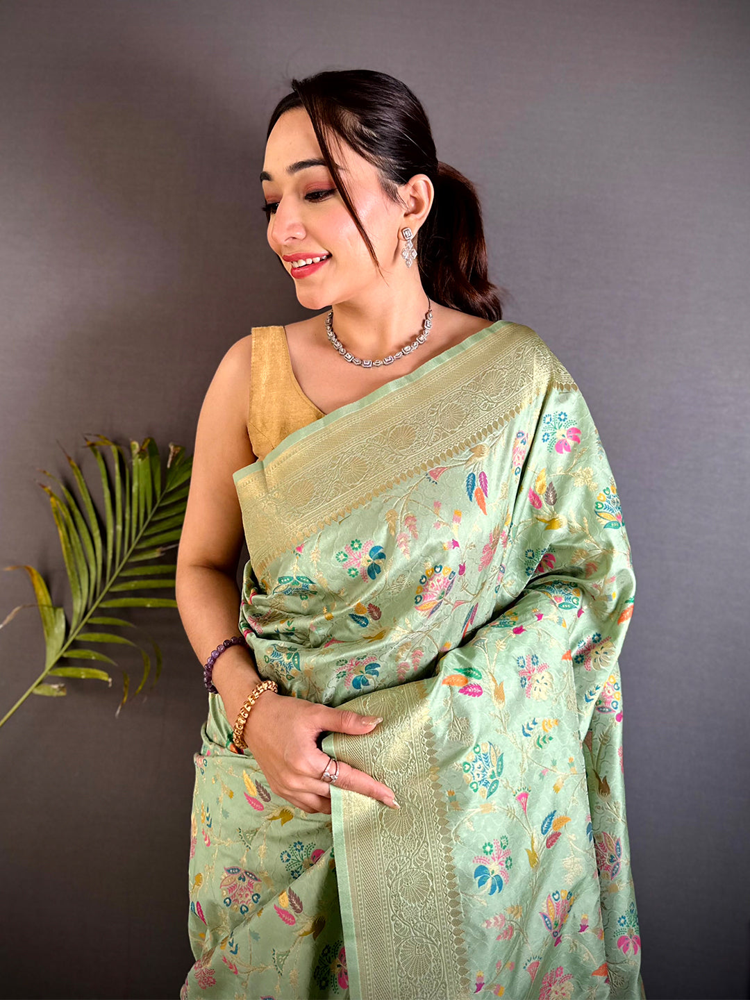 Pista Banarasi Minakari Floral Silk Saree