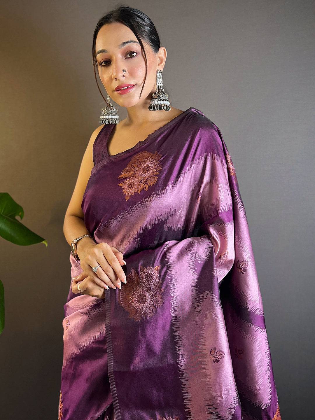 Lavender Tussar Silk Ikkat Weaving Saree with intricate design