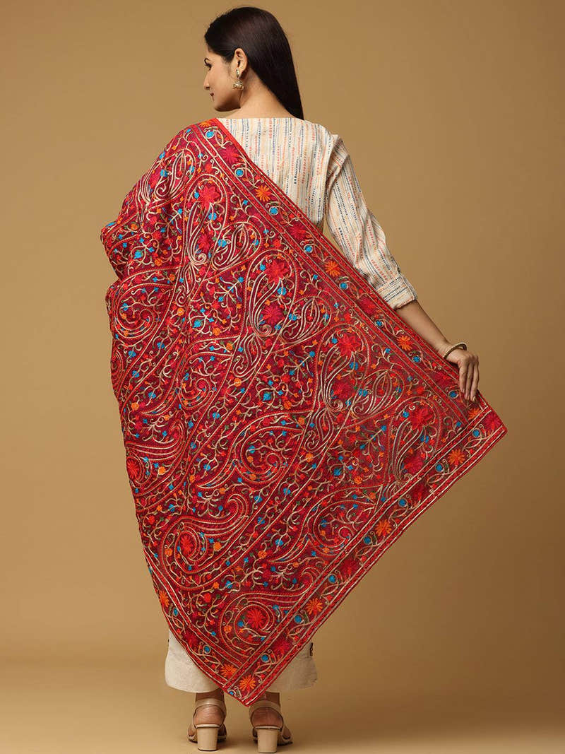Wine Allover Paisley Border Pashmina Dupatta