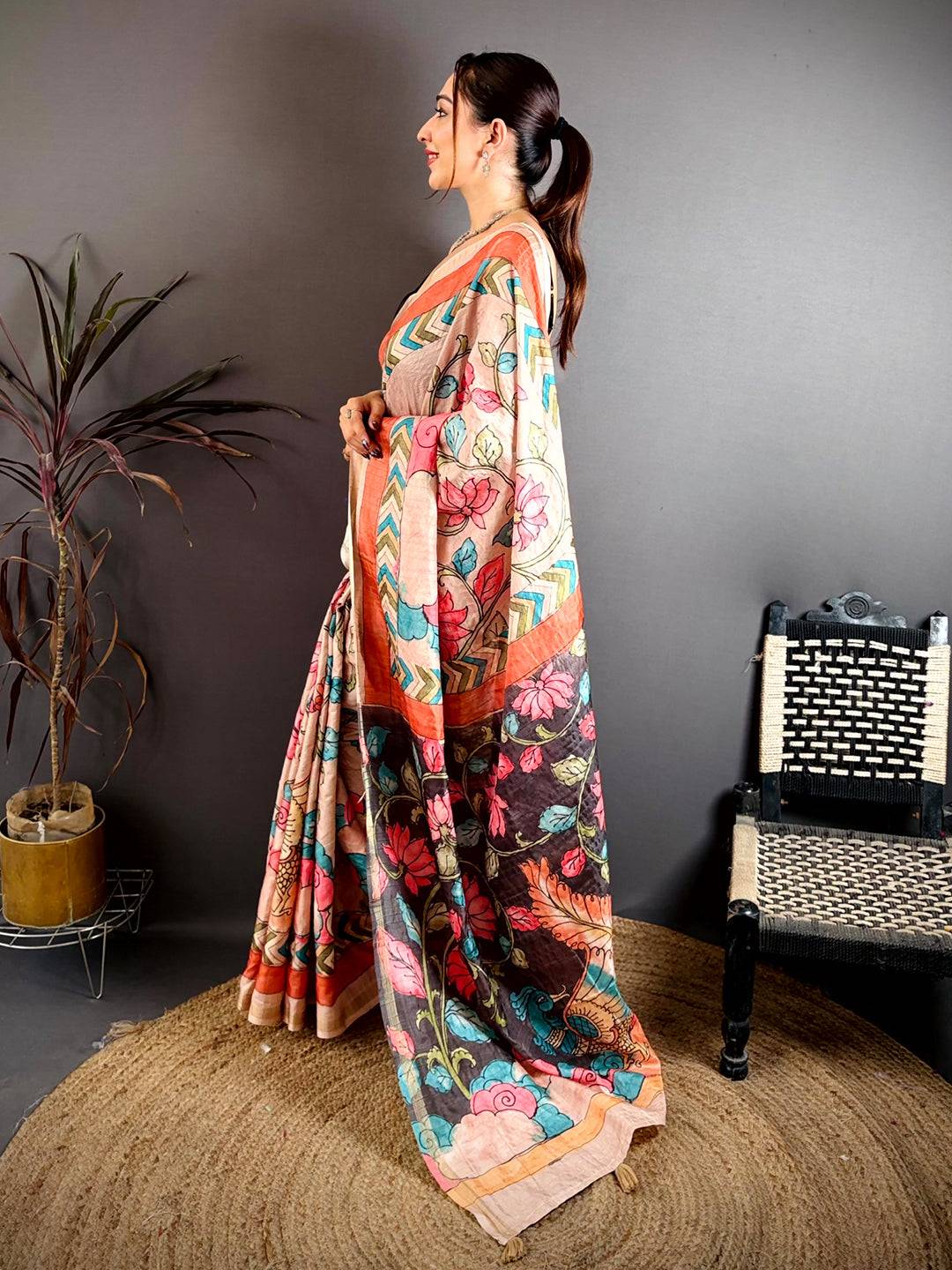 Elegant Pen Kalamkari Ghicha Tussar Saree
