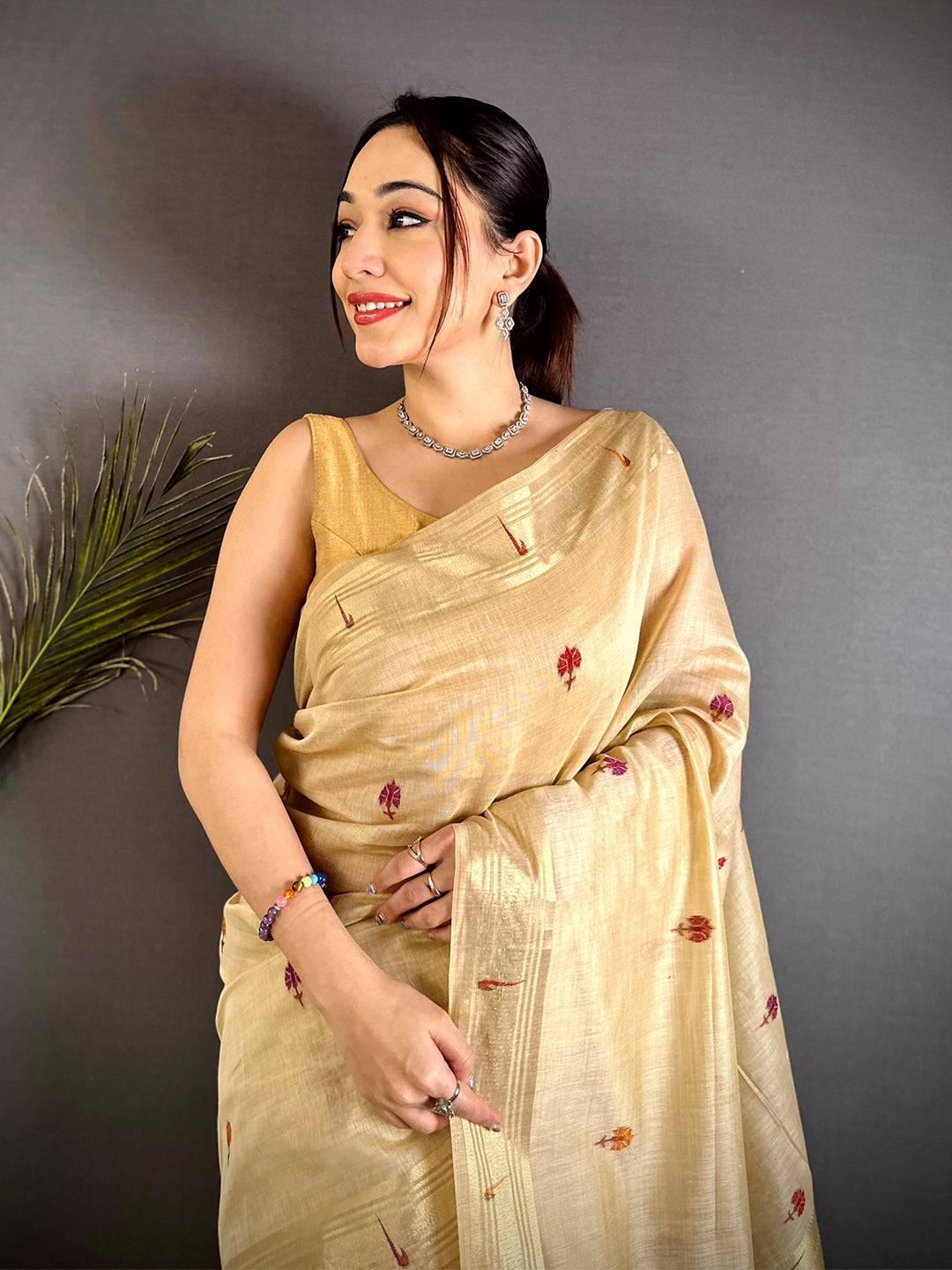 Cream Geometric Patola Khadi Linen Saree