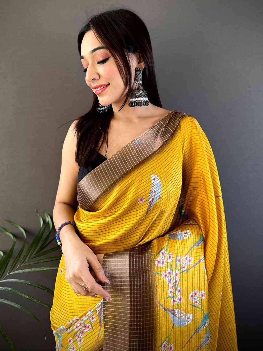 Yellow Chanderi Check Sparrow Print Saree