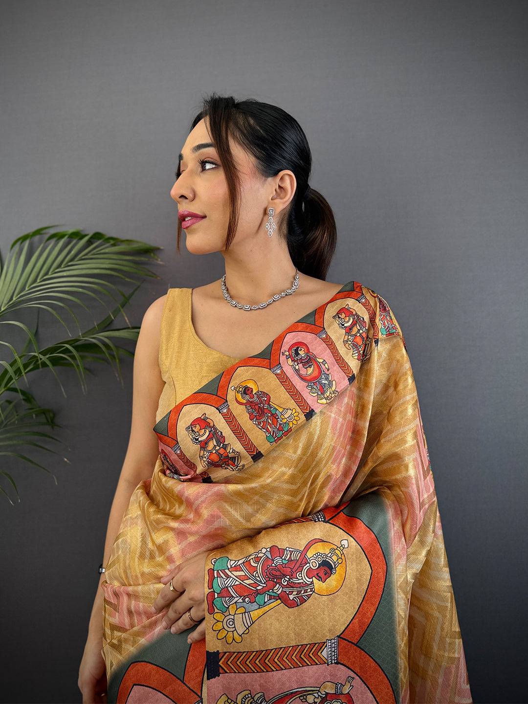 Mustard Yellow Madhubani Print Soft Silk Saree