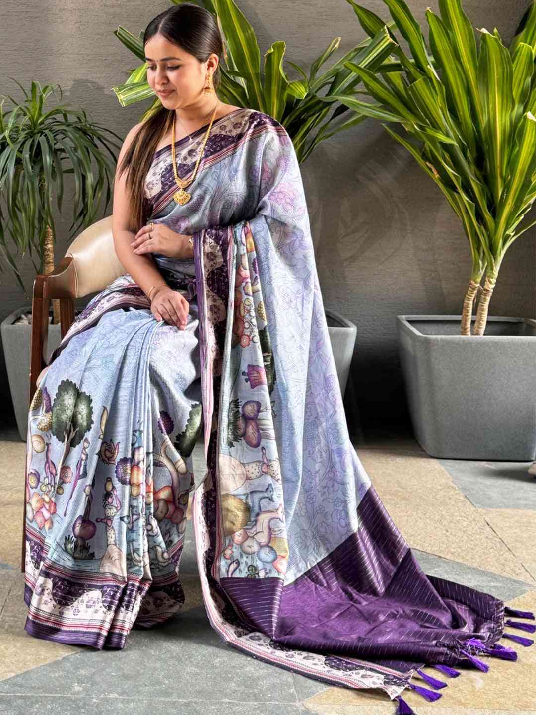 Lavender Satin Kota Doria saree featuring digital Kalamkari artwork.