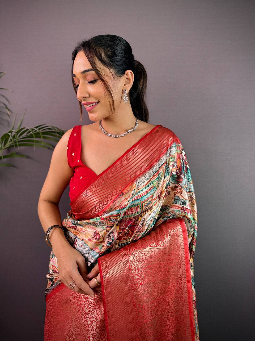 Multi Cherry Satin Kalamkari Saree