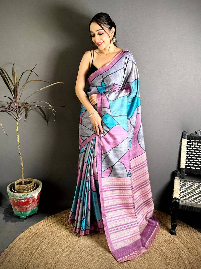 Tussar Multi Colour Ghicha Print Saree