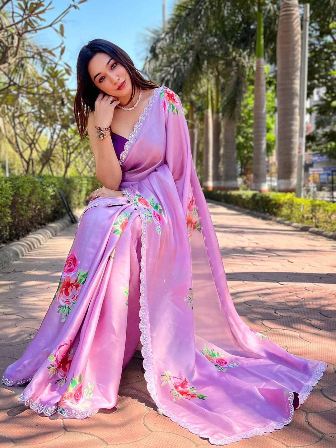 Lavender floral satin georgette saree with Swarovski zircon accents