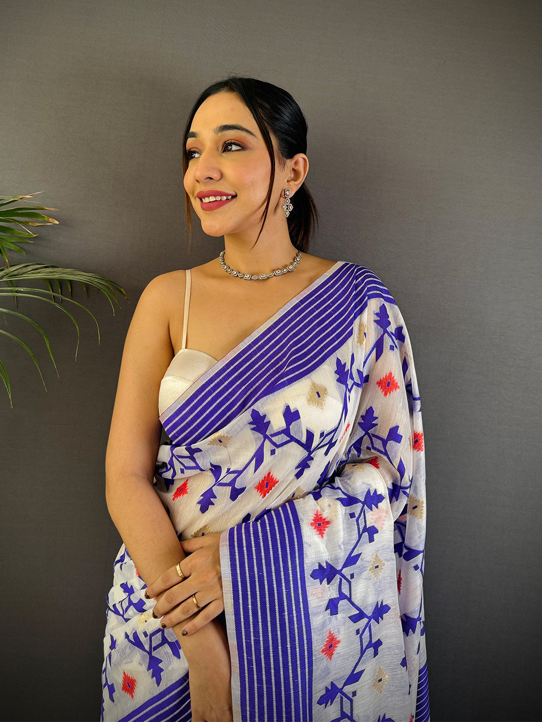 Royal Purple Soft Dhakai Jamdani Silk Saree