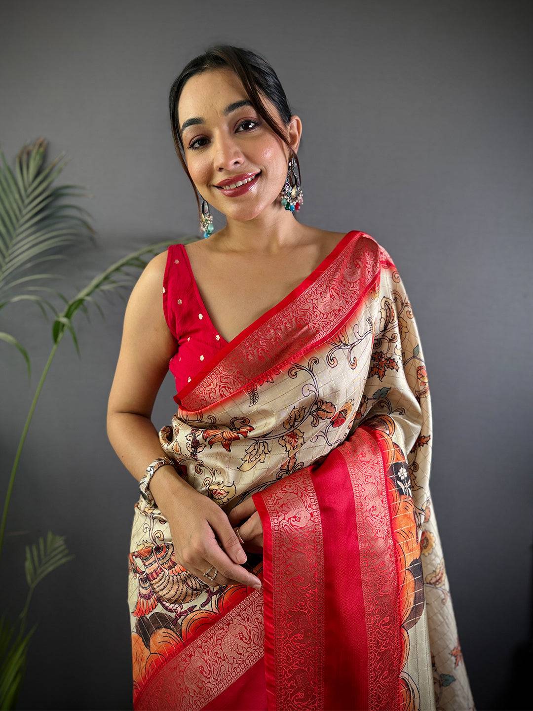 Ethereal Cream Kalamkari Printed Saree