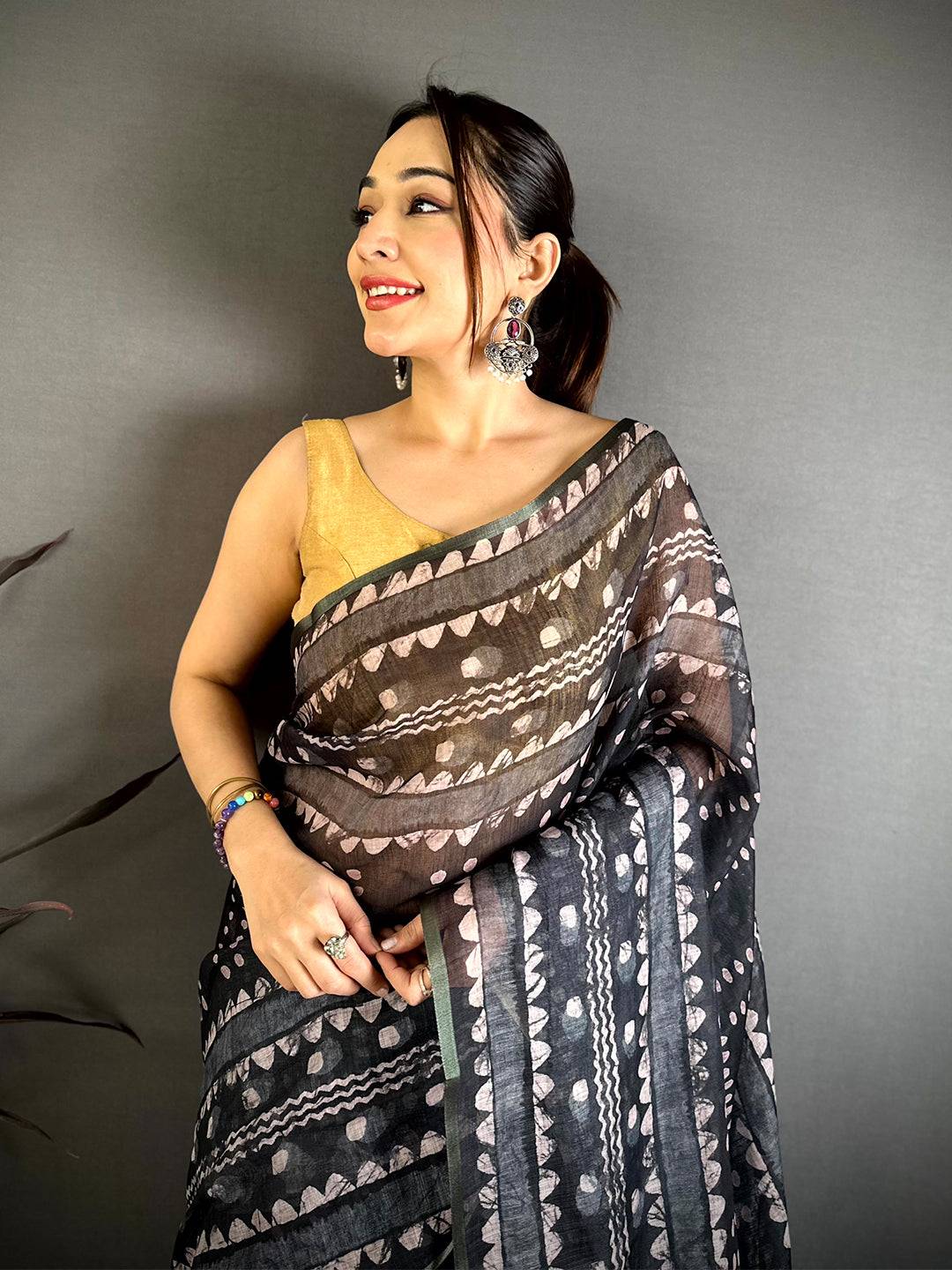 Artistic Ajrakh Print Linen Saree