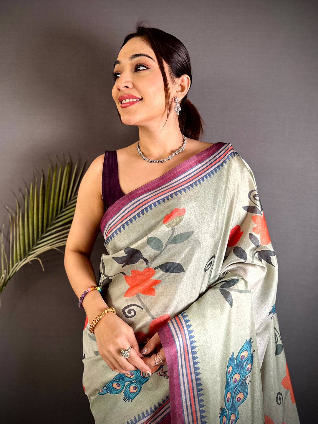Pista Floral Tussar Ikkat Border Saree