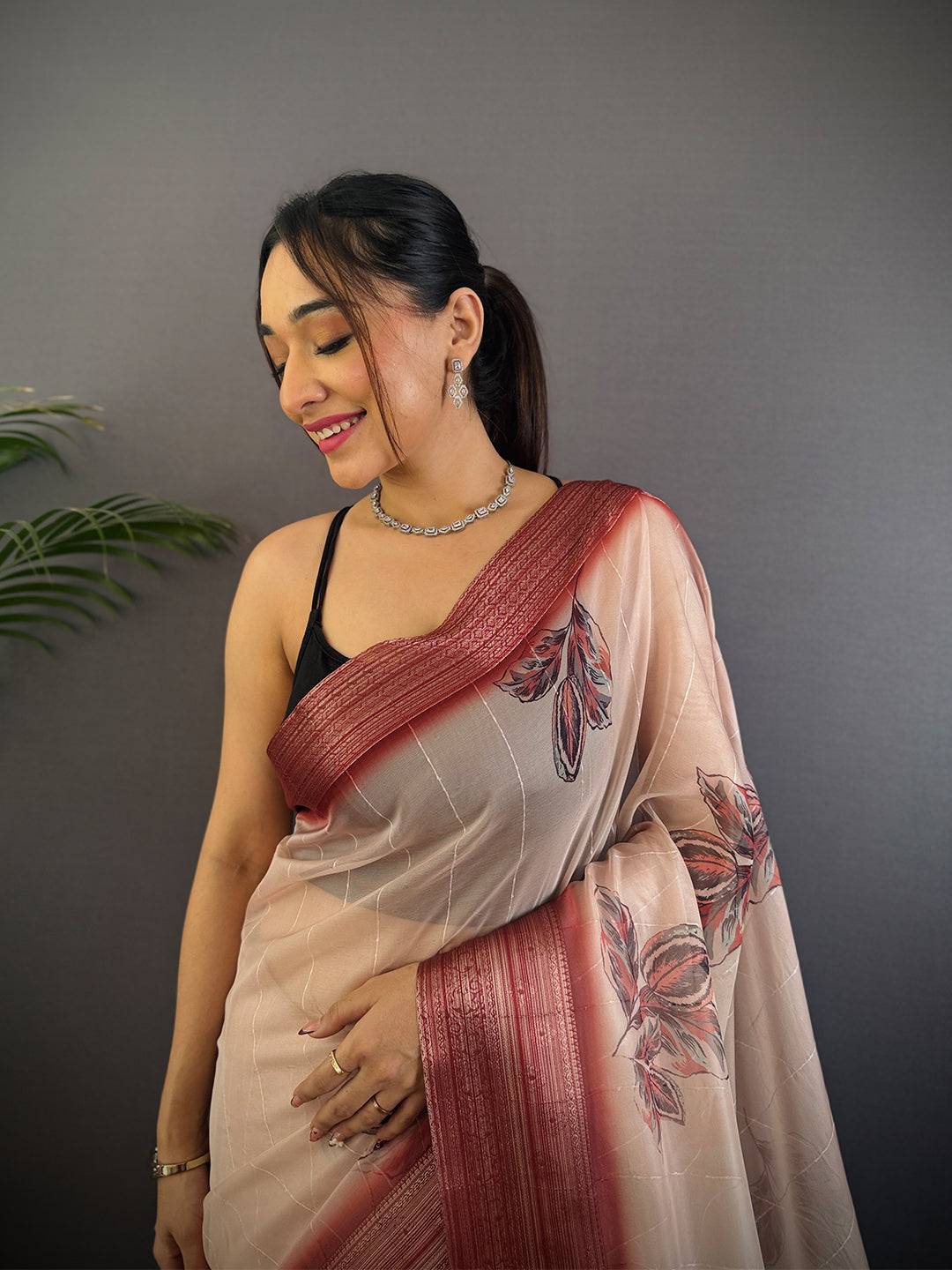 Beige Soft Organza Digital Print Saree