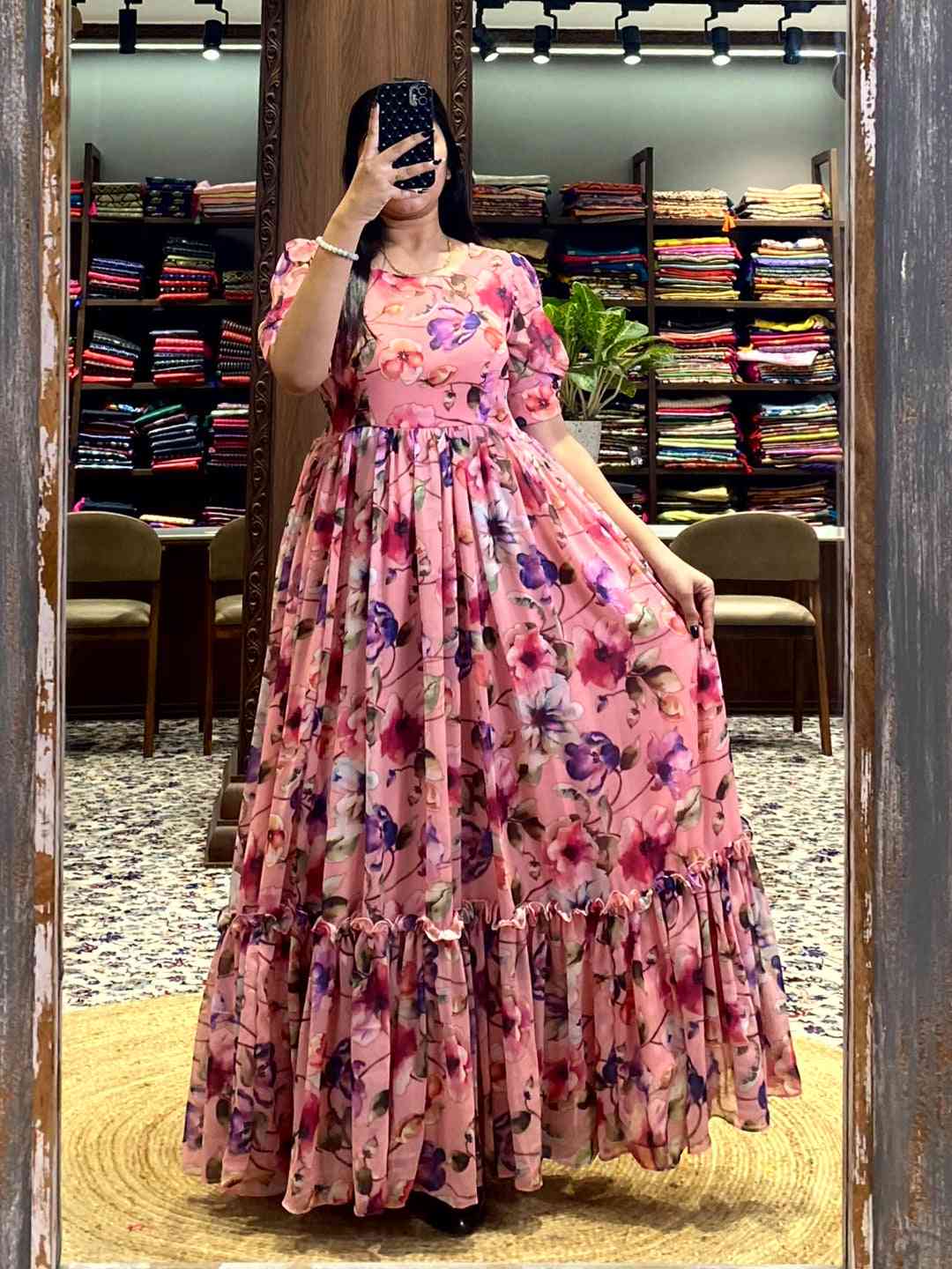 Salmon Pink Floral Georgette Dress