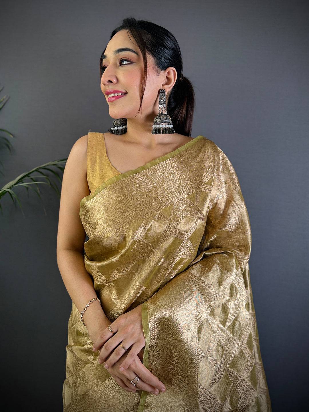Olive Tissue Jarokha Zari Weaving Saree
