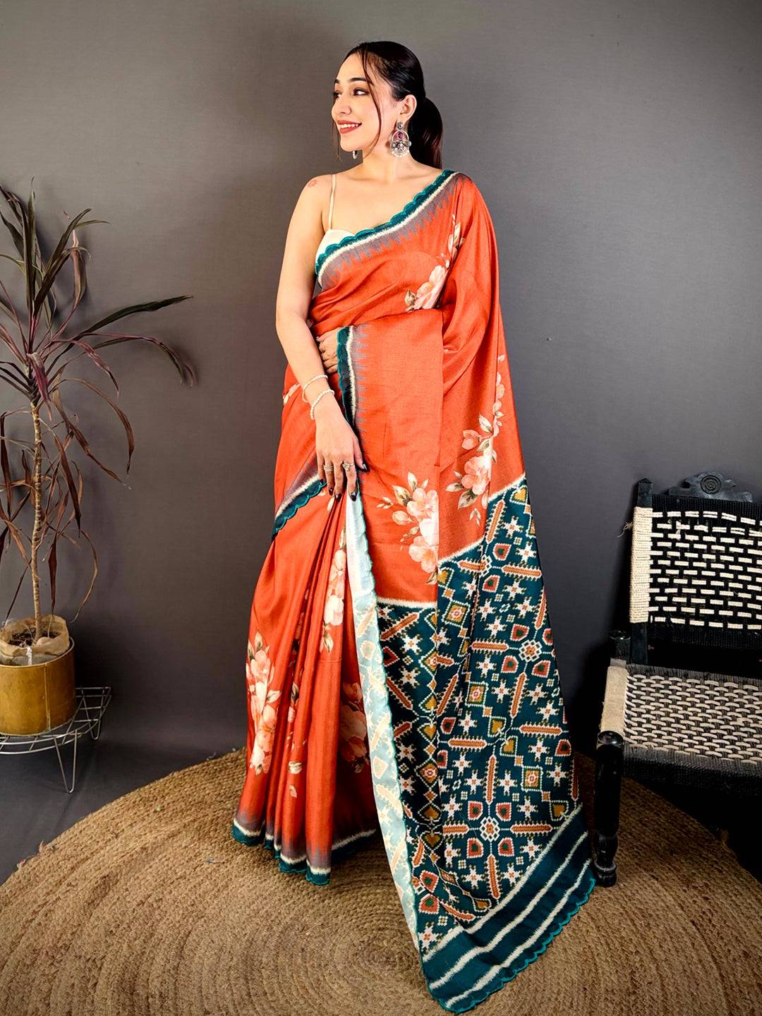 Vermilion Orange Tussar Ikkat Patola Saree
