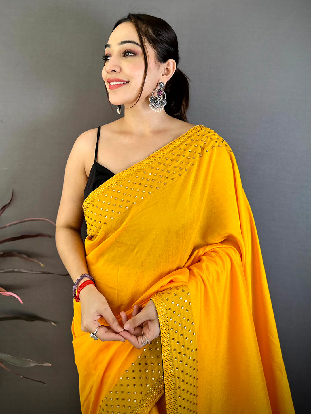 Yellow Vichitra Silk Mirror Work Saree