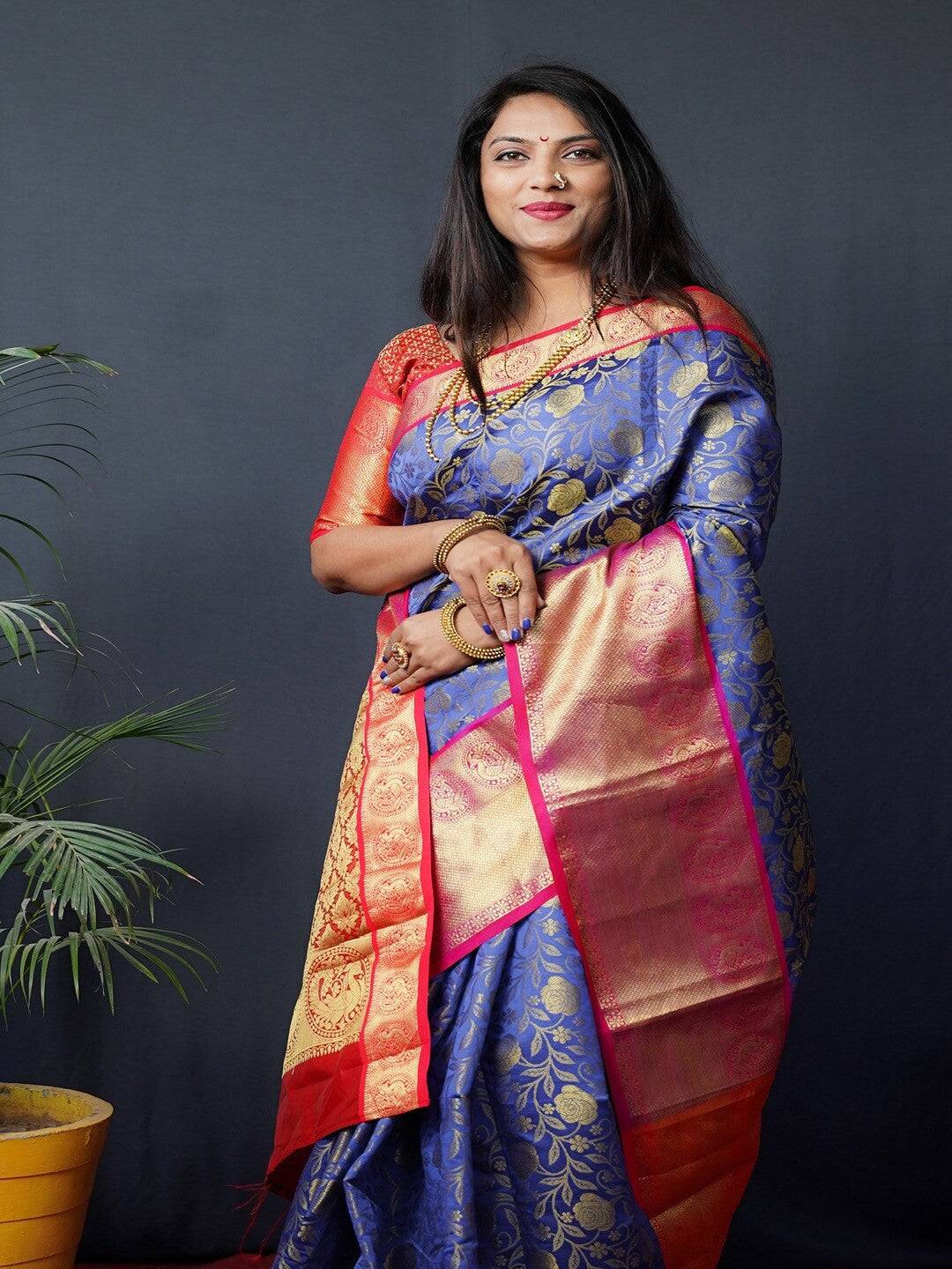 Royal Blue Floral Zari Banarasi Kanjivaram Silk Saree