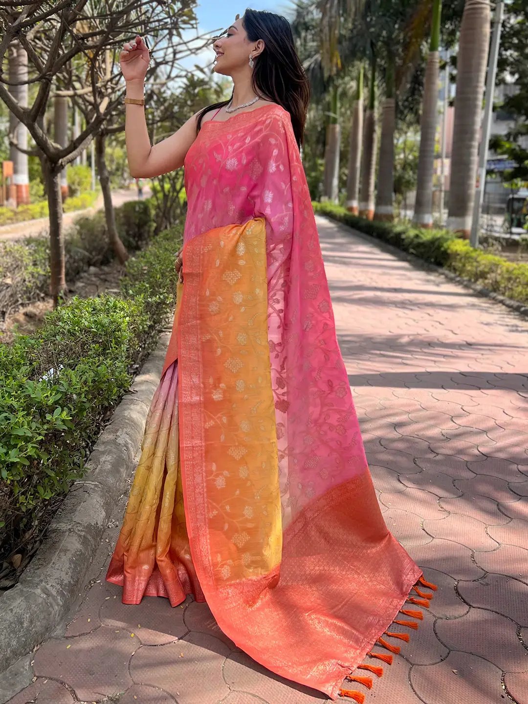 Elegant pink and orange slub silk saree with zari work