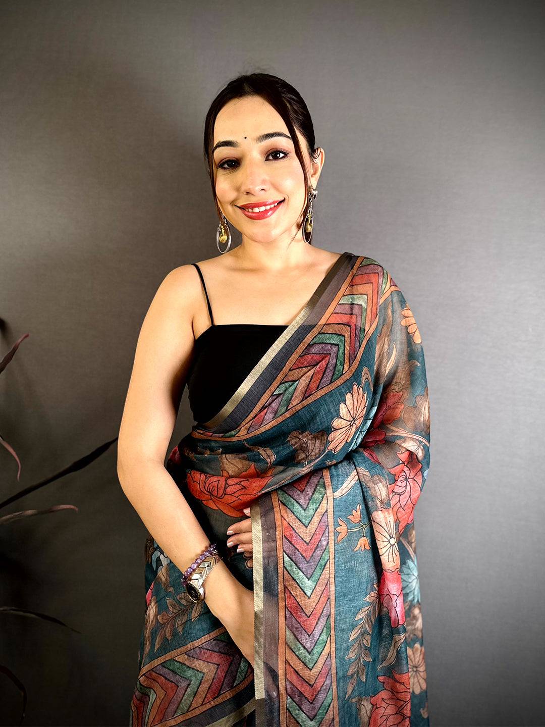 Teal Kalamkari Linen Chanderi Saree