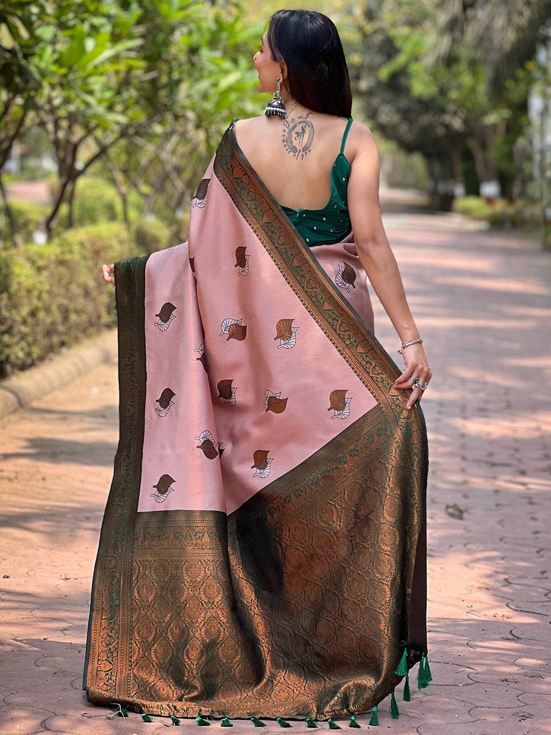 Back view of light pink Kanjivaram saree with gold zari details