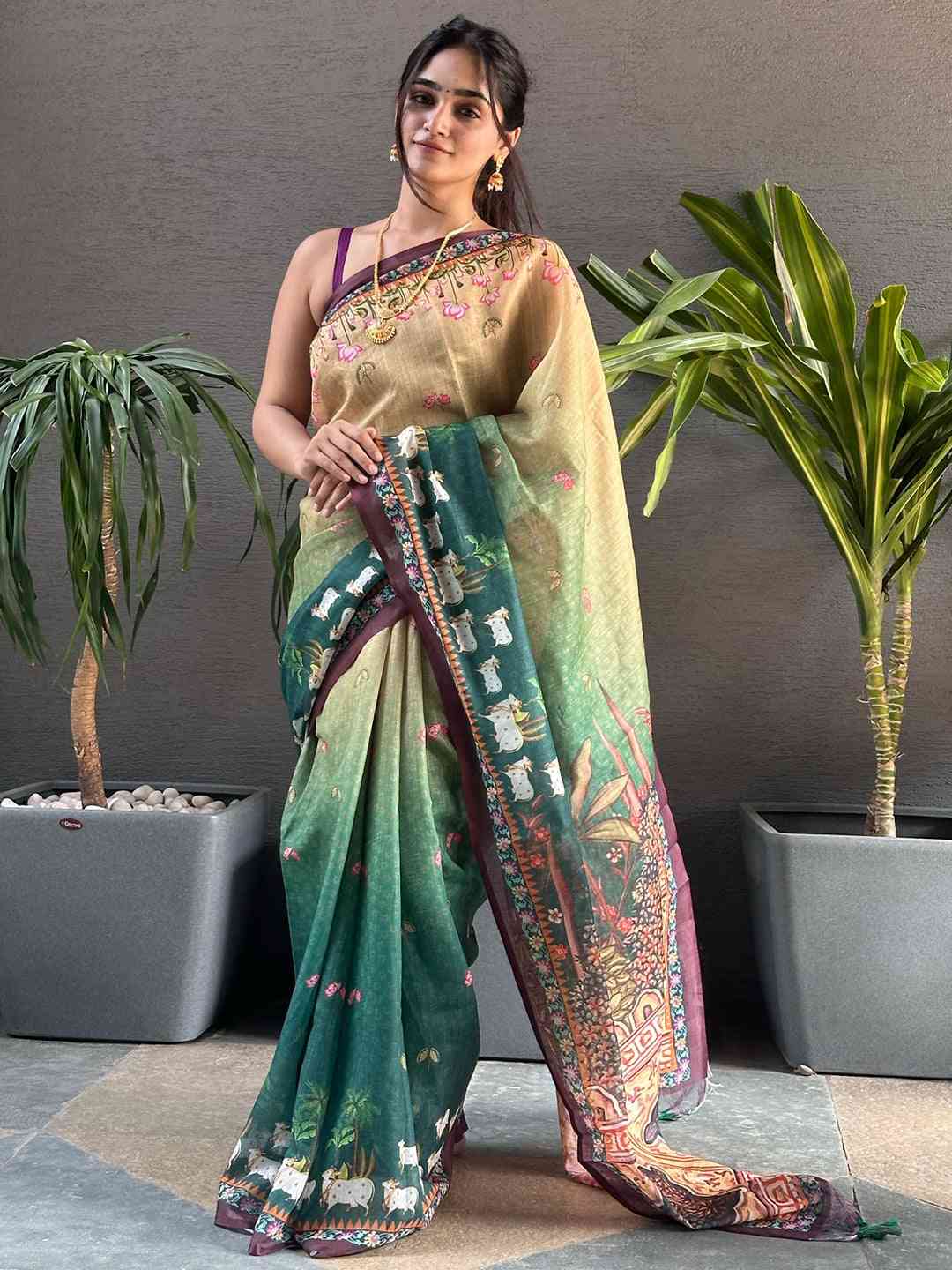 Elegant Soft Linen Ombre Pichwai Printed Saree in green