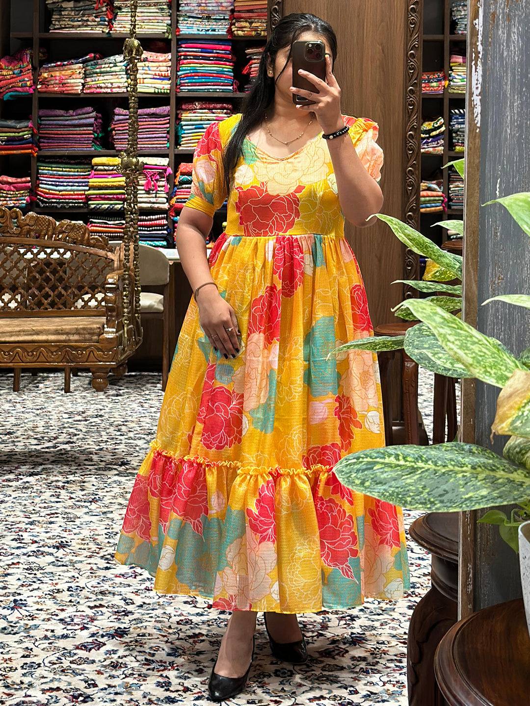 Daylily Yellow V Neck Midi Dress with floral pattern