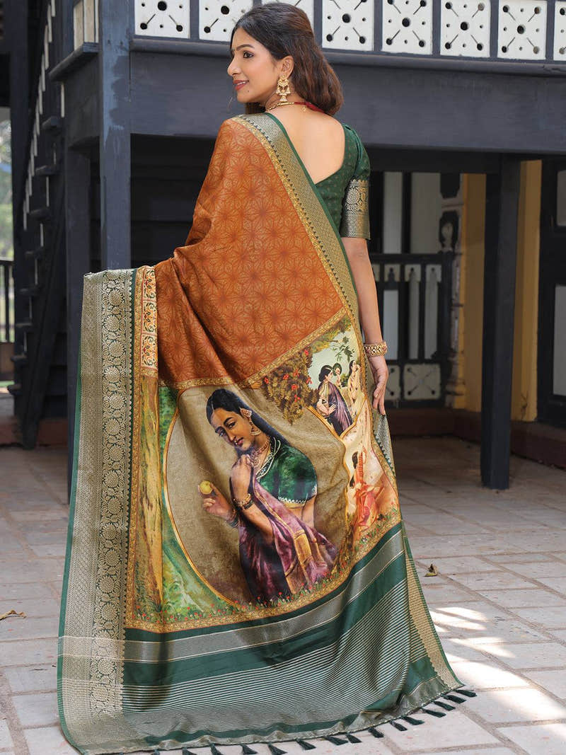 Brown Viscose Dola Silk Saree With Kalamkari And Mughal Print - Luxe
