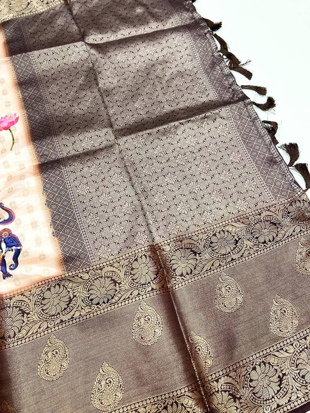 Peach Digital Elephant Motifs Banarasi Saree
