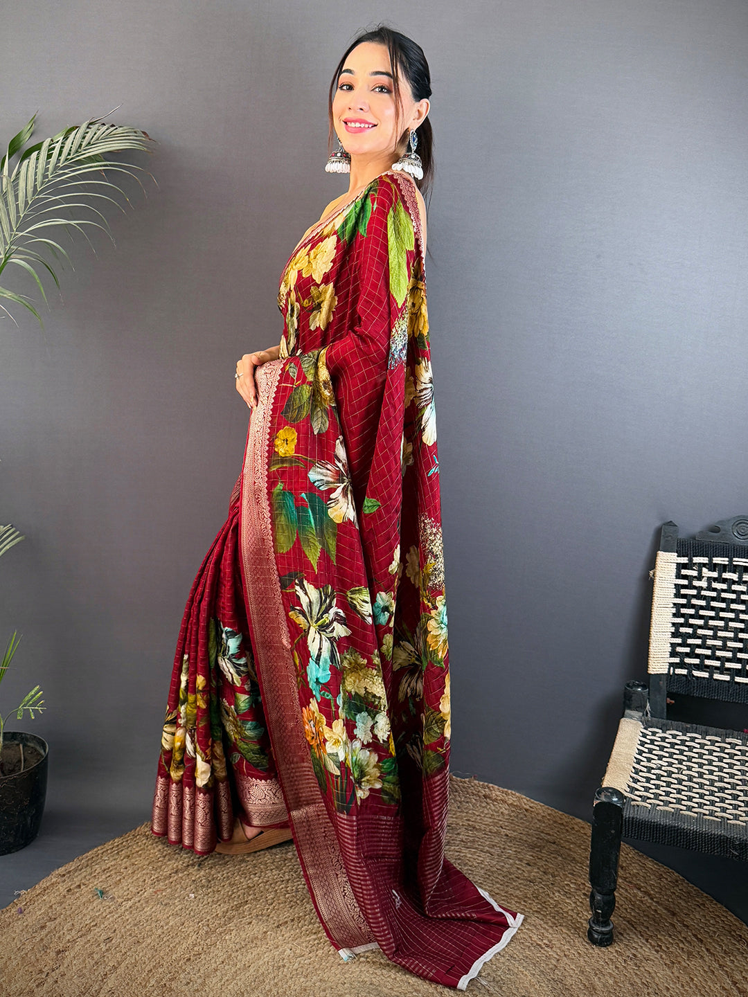 Deep Maroon Pure Viscose Checked Saree