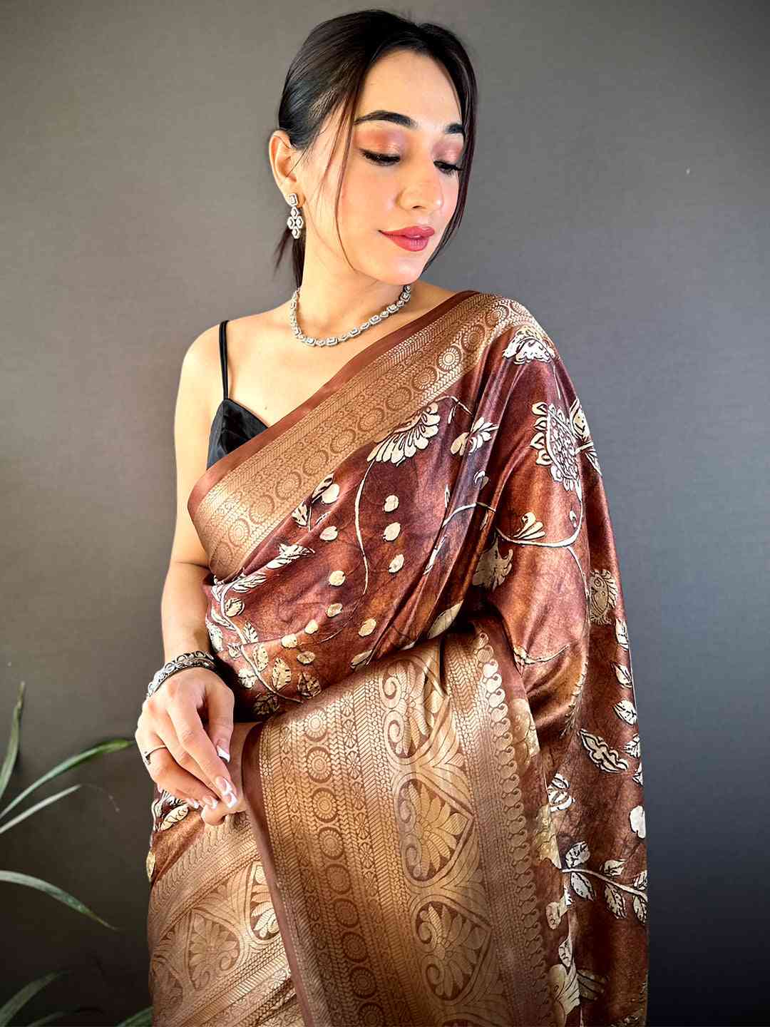 Brown Soft Silk Animal Bandhej Saree