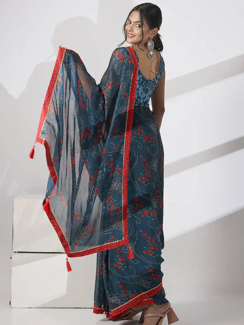 Satin Rama Colour Party Wear Design Saree
