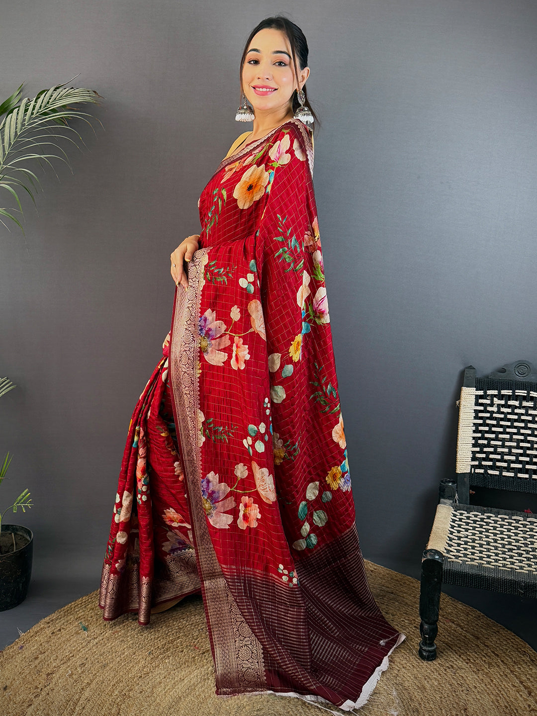 Wine Floral Kalamkari Viscose Saree