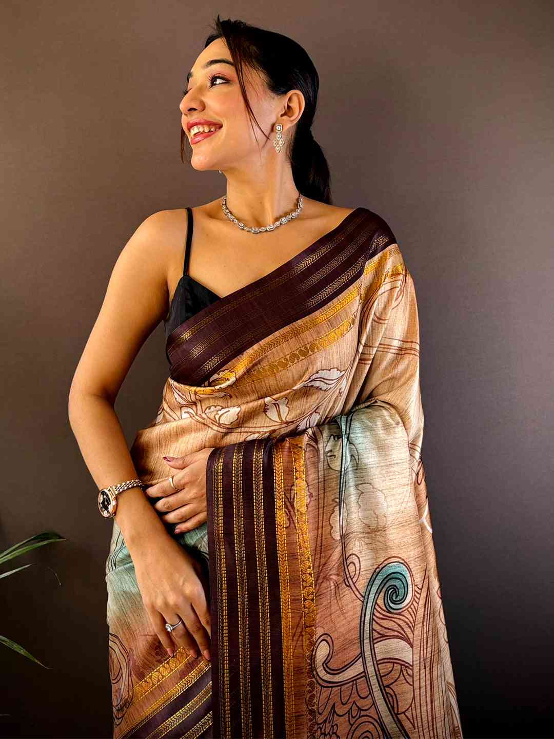 French Beige Soft Silk Abstract Geometric Saree