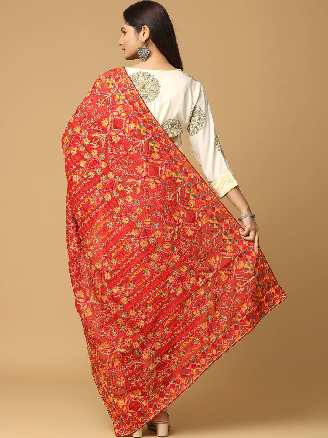 Back view of red pashmina dupatta with intricate embroidery