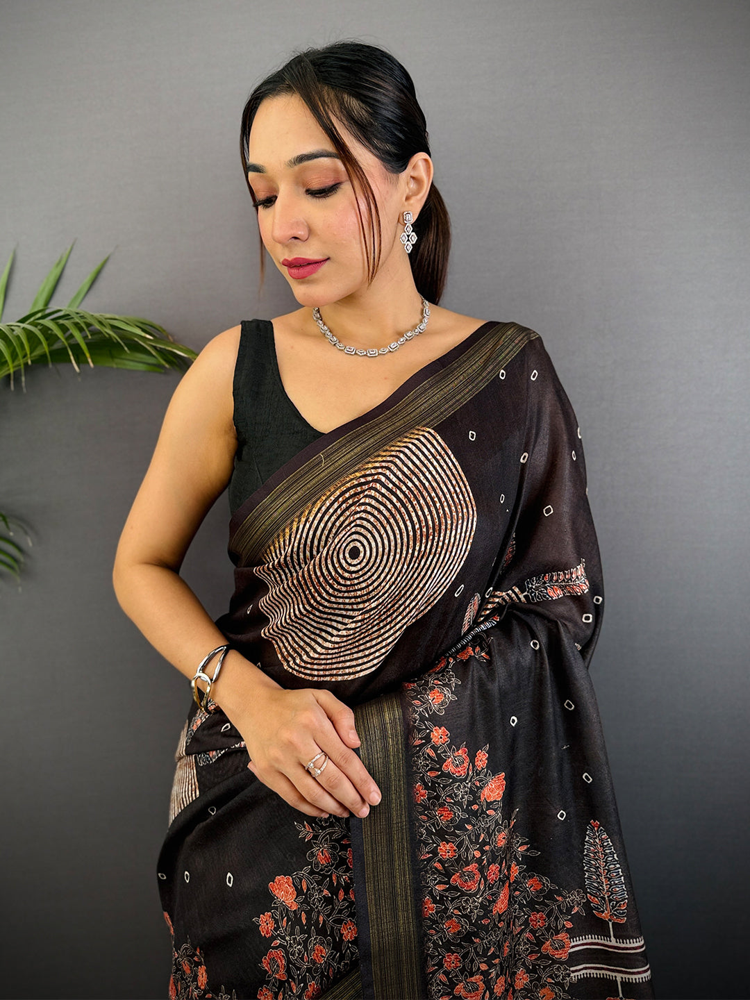Deep Brown Linen Ajarak Print Saree