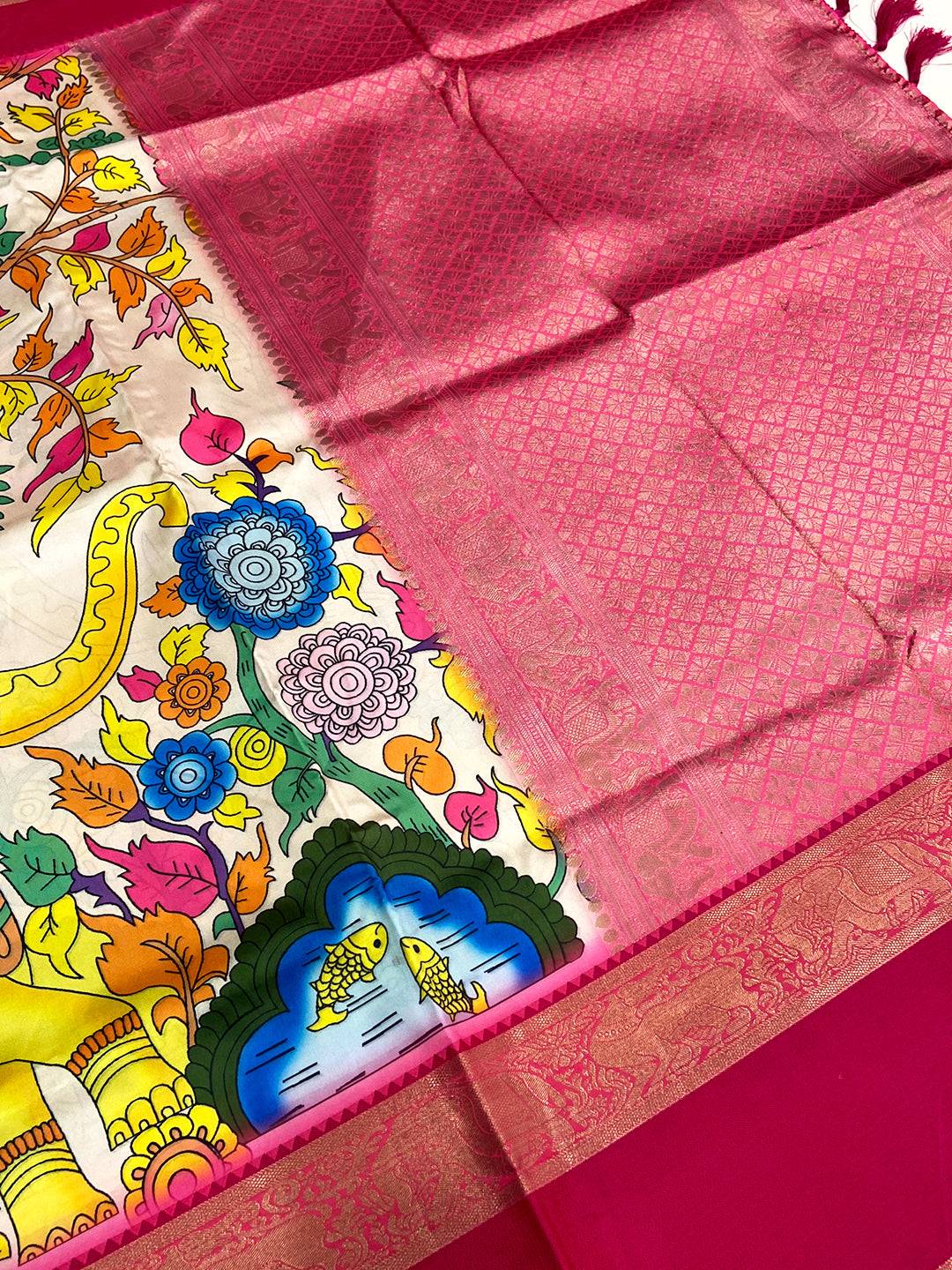 Regal Cream Banarasi Kalamkari Silk Saree