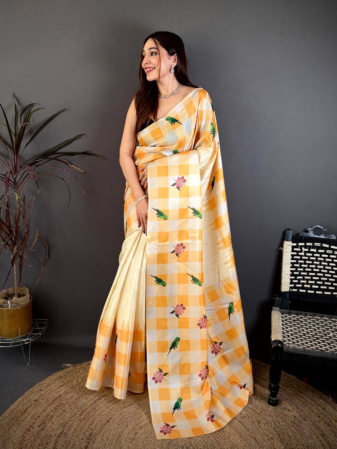 Heritage Parrot Print Soft Tussar Saree