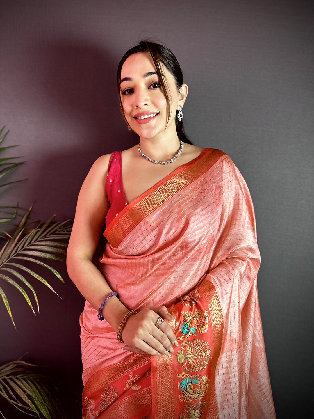 Artistic Tanjore Geometric Semi Silk Saree