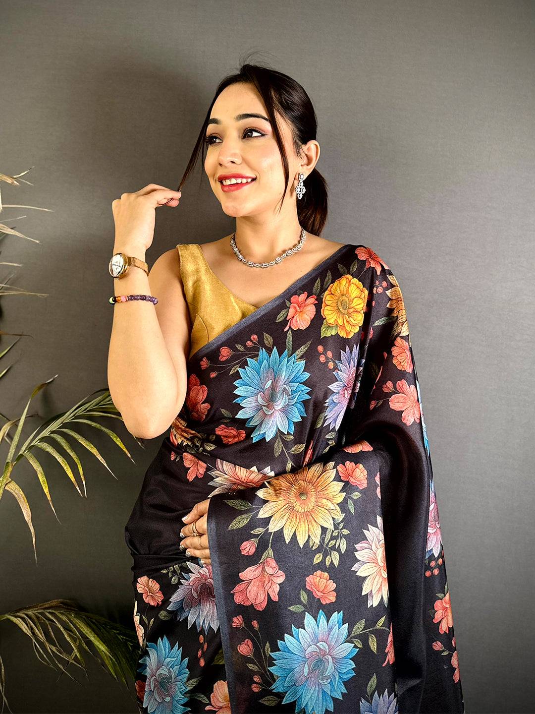 Black Soft Tussar Silk Floral Saree