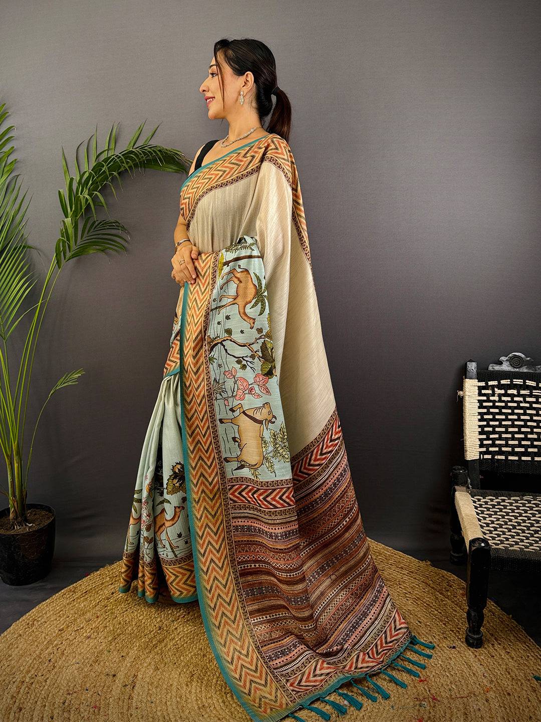 Ivory Linen Block Kalamkari Print Saree