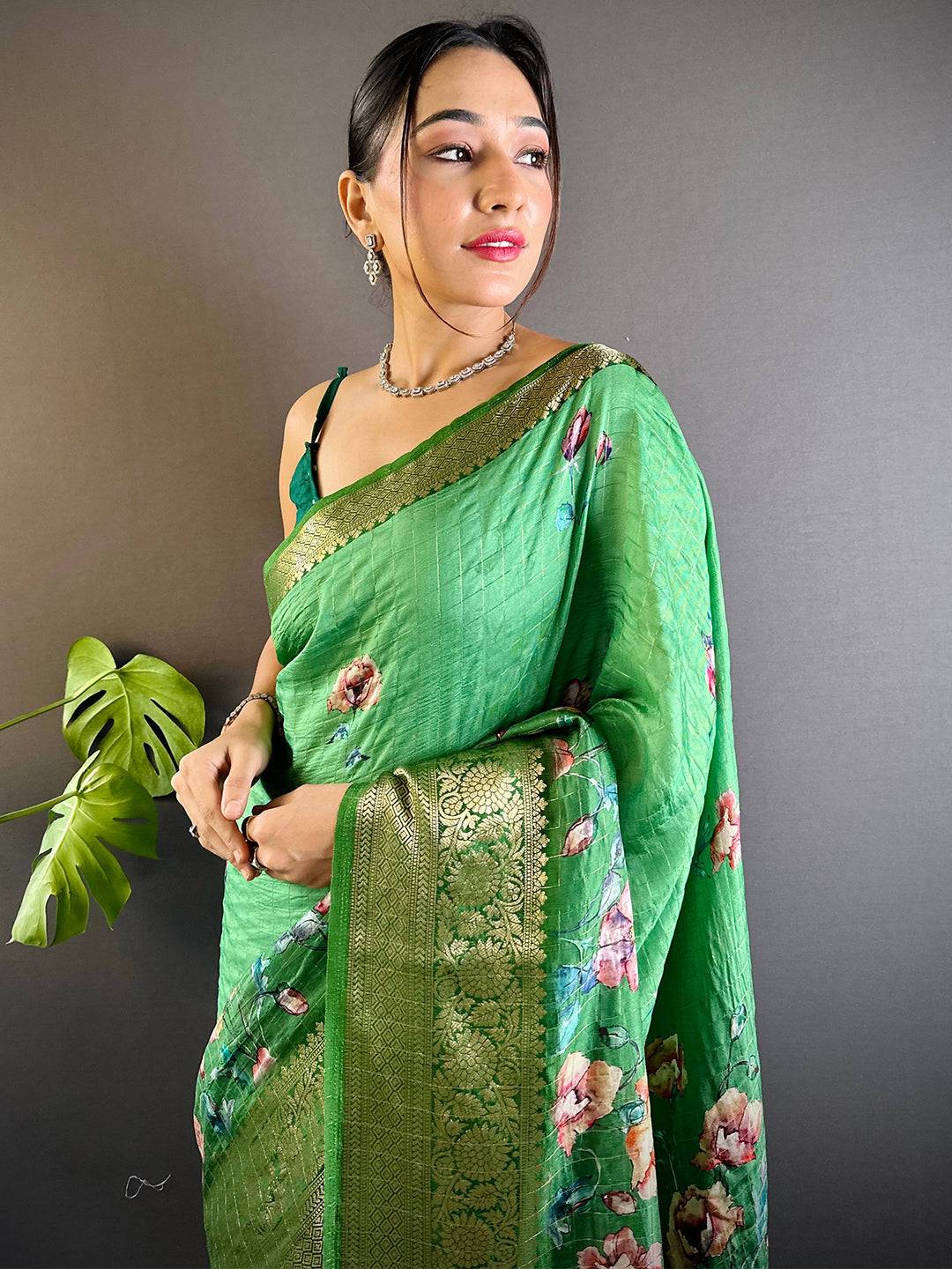 Green Floral Zari Chex Saree with gold zari checks
