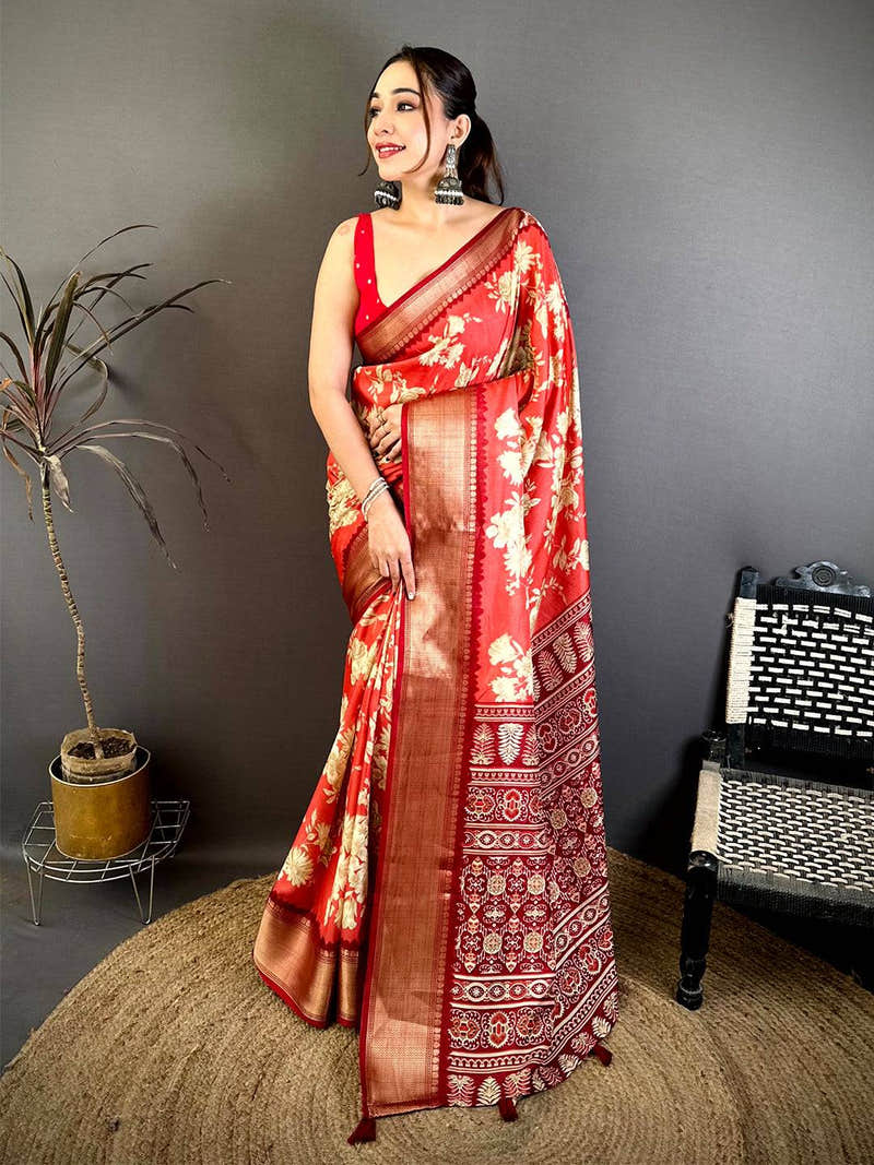 Coral Dola Big Floral Zari Kanchi Saree