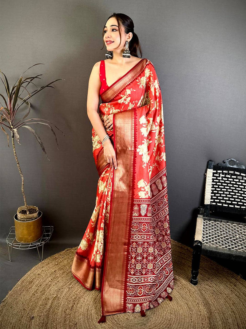 Coral Dola Big Floral Zari Kanchi Saree