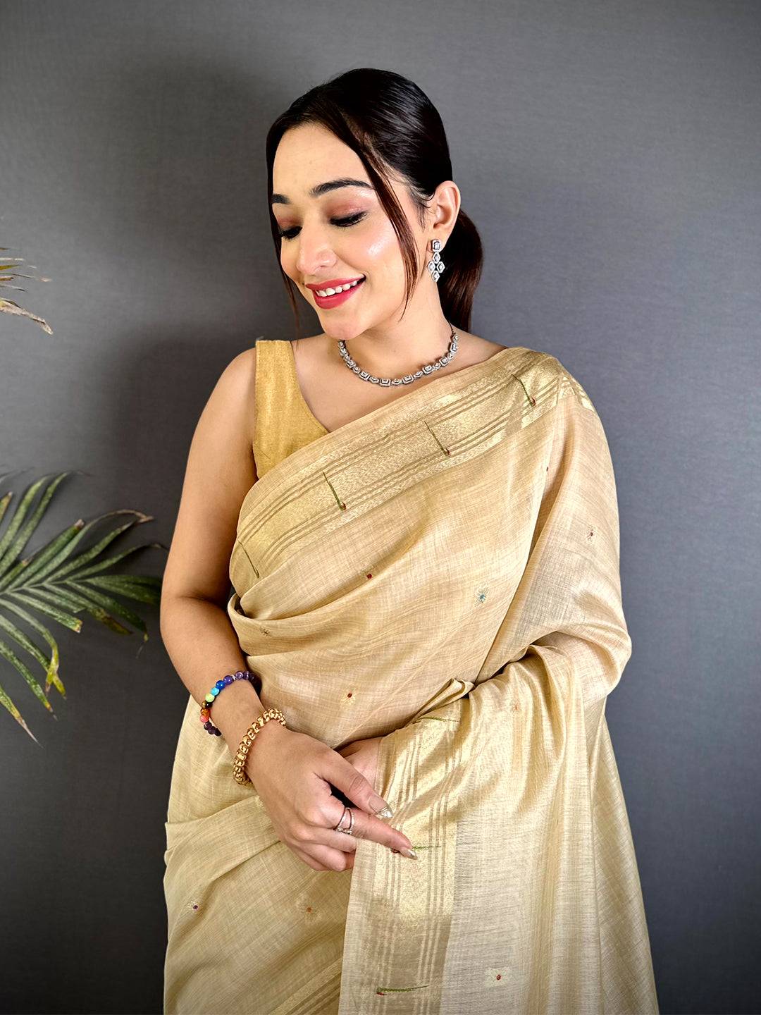 Cream Minakari Paithani Khadi Linen Saree