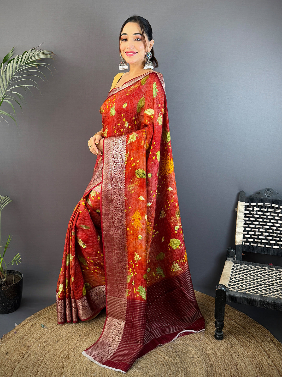 Rust Red Pure Viscose Checked Saree