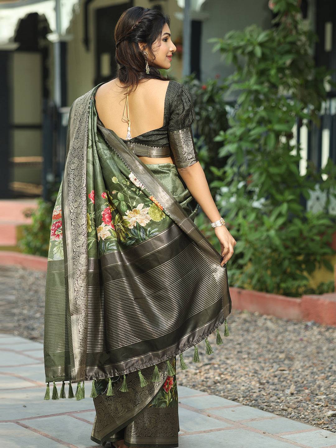 Dark Green Colour Pure Viscose Dola Silk Floral Print Saree
