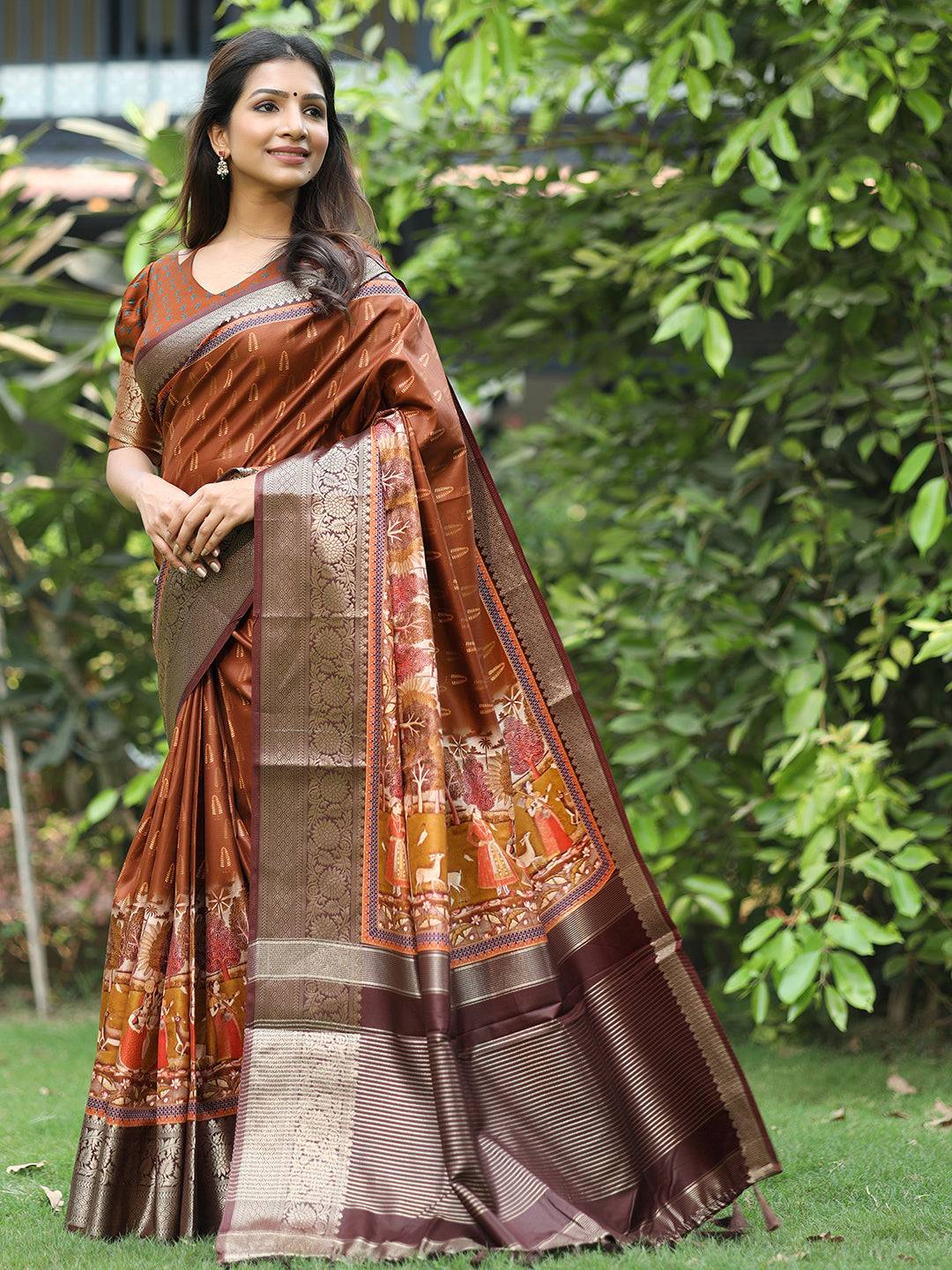 Ajrak Block & Hand Kalamkari Print Pure Viscose Saree