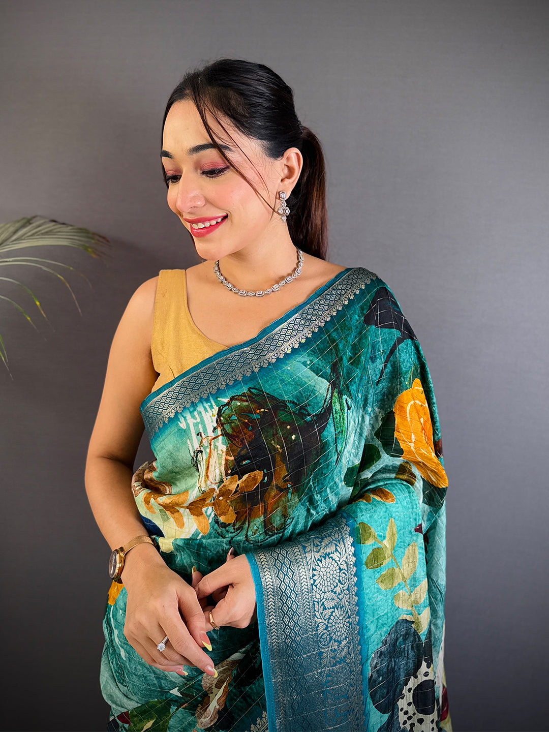 Artistic Turquoise Viscose Floral Saree
